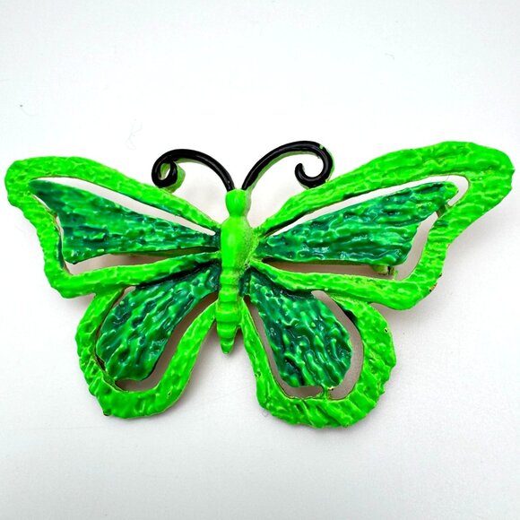 JJ Jonette Neon Green Butterfly Brooch Pin Textured Black Antenna 70s Vtg - Picture 1 of 8